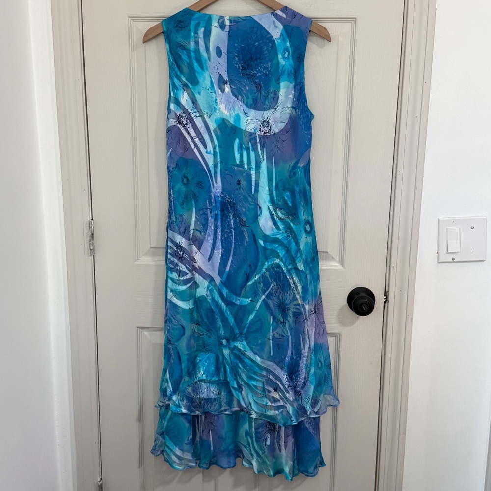 Vintage La Bottega Midi Dress Womens XL Blue Floral Watercolor Tiered Silk Fairy - Picture 2 of 9